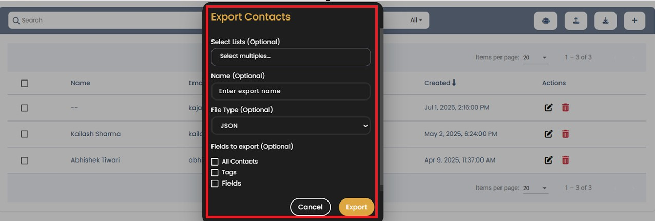 Export settings screenshot