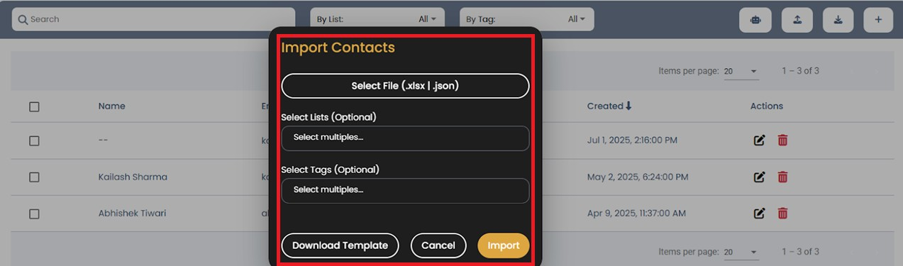 Upload contact file screenshot