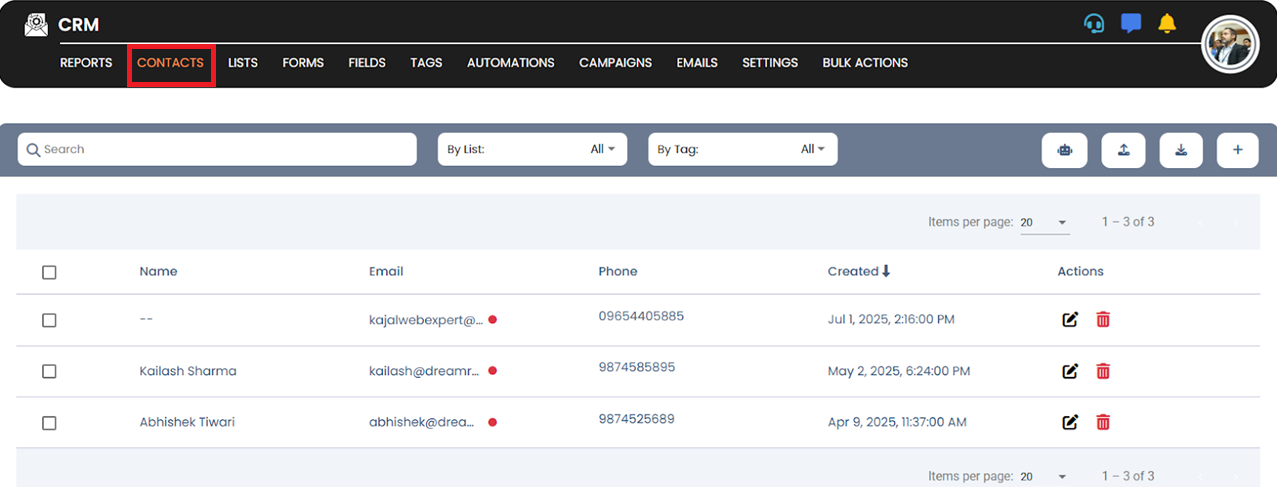 Access contacts section screenshot