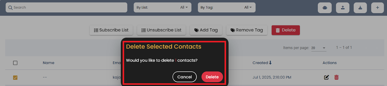 Confirm deletion popup screenshot