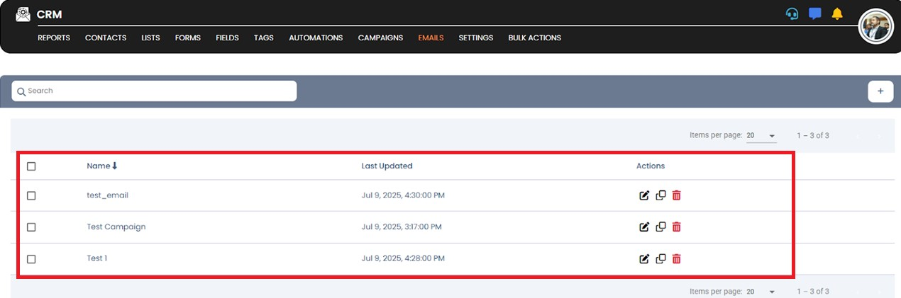 Email panel list view