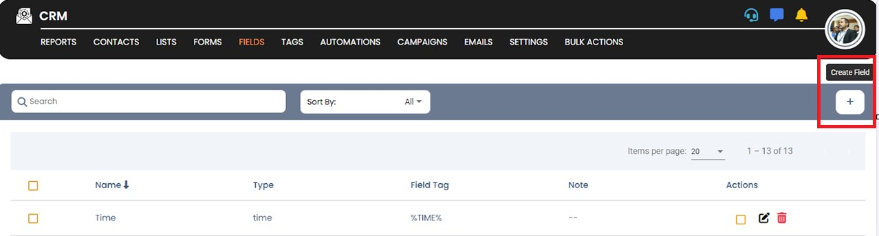 Create Field button