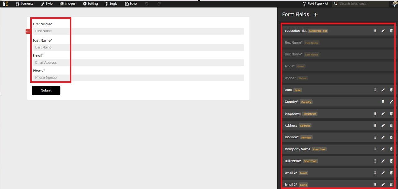 Form builder interface example